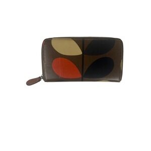 Orla Kiely Forget Me Not Wallet Brown Mod Zip Around Clutch Organizer Pouch